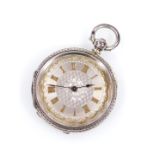 A fancy ladies fob watch, the 4cm dia. Roman numeric dial with stencilled back, in an engine