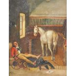 Follower of Albrechet Adam (1786-1862). Figure in military tunic asleep in a stable aside grey