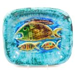 An SMF Schramberg Studio dish, tube lined and raised with fish, on a turquoise and blue ground,