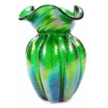 An early 20thC Loetz style glass vase, of flared ribbed outline in green, polished pontil, unmarked,