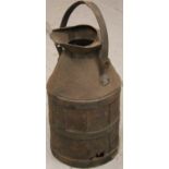 A late 19thC coopered wooden and metal lipped feeding barrel, with shaped articulated handle and