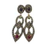 A pair of diamond and gem set earrings, of double entwined tear drop form, old cut diamonds, set