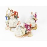 Three Capodimonte porcelain conversation groups, comprising a pair of dancing figures, gallant and