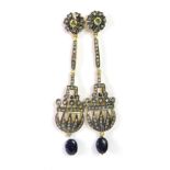 A pair of diamond and gem set drop earrings, of sectional basket form, set with old cut diamonds, in