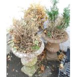 Three painted cast iron urns, of semi fluted form, raised on square base, each 45cm high.