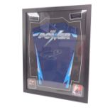 A Phil 'The Power' Taylor signed darts presentation shirt, framed with photographic images,