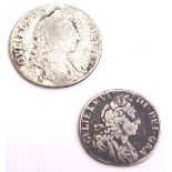 Two William III silver coins, a silver shilling and a sixpence, dates indistinct.