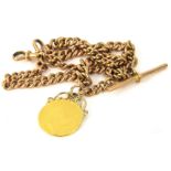 A 9ct gold watch chain, with T bar and spade guinea fob, 66.1g.