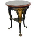 A late 19thC cast iron pub table, with circular mahogany top, the base decorated in gilt with