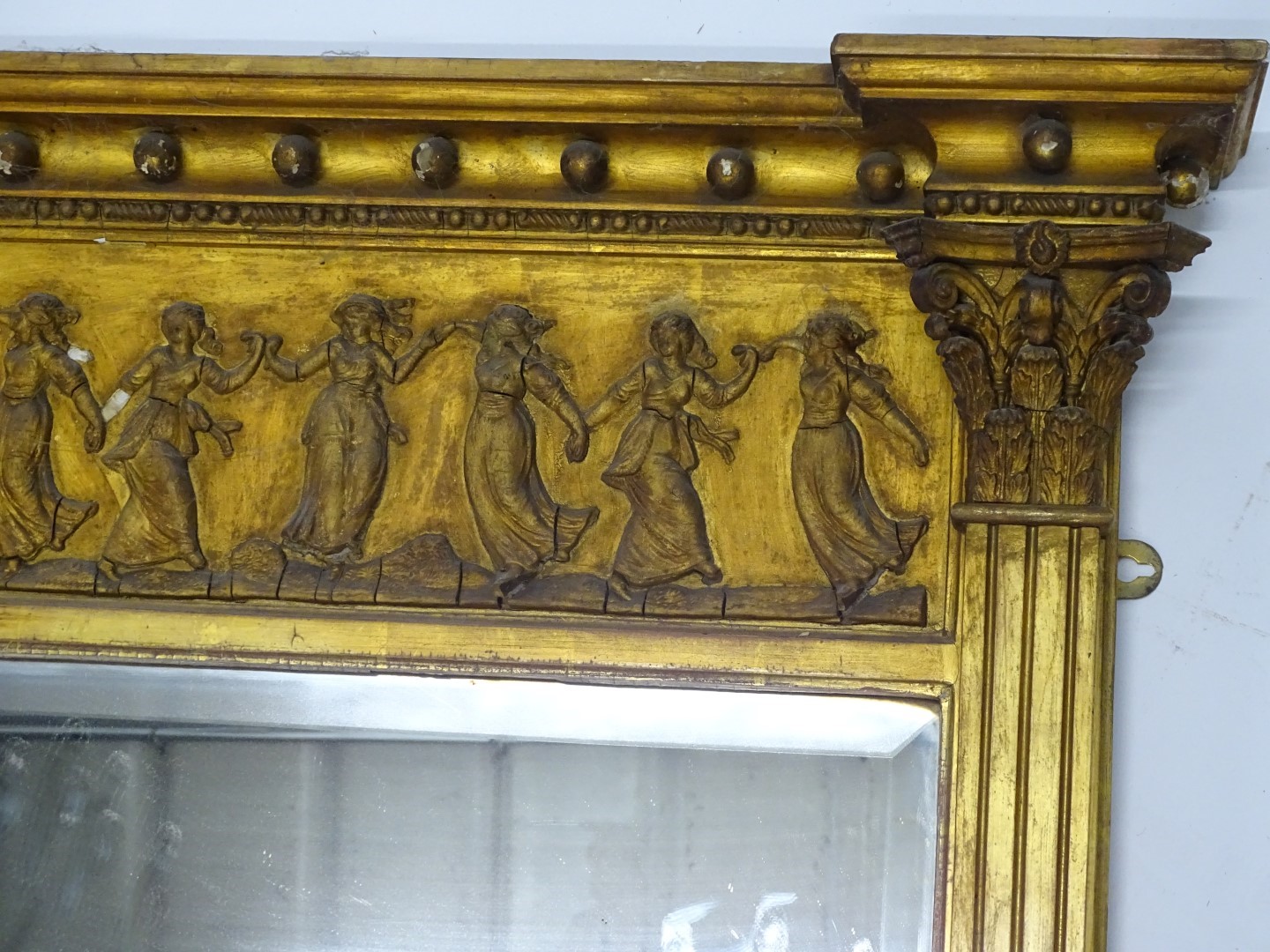 A 19thC gilt gesso over mantel mirror, with a break front top with a frieze decorated with neo - Image 3 of 3