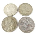 A collection of four silver crowns, 1893, 1935 x2 and 1937, 112g overall.