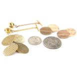 Two pairs of 9ct gold gents cufflinks, two 9ct gold collar studs, and two coins. (8)