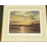 John Trickett. Ducks flying at sunset, artist signed, limited edition print number 493 of 850,