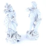 A pair of late 19thC Sitzendorf blanc de chine figures of a fete gallante young lady and her beau on