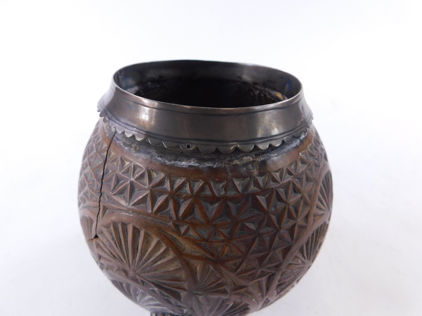 An early 19thC carved coconut, decorated overall with roundel's etc., with silver mounts, marks - Image 2 of 4