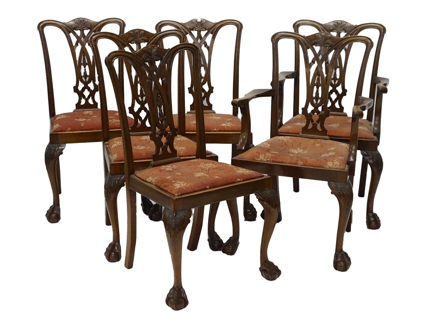 A set of six mahogany dining chair in George III style, each with a pierced splat drop in seat on