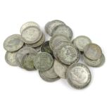 A collection of British silver coins, thirteen pre 1946 six pence's, fourteen pre 1946 one