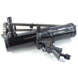 A late 20thC Jessops telescope, in black with cylindrical column, 69cm W, on tripod stand, various