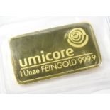 A Umicore gold bullion bar, 999.9 1oz.