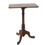 A 19thC mahogany occasional table, with a rectangular top on a turned column and tripod base, 54cm