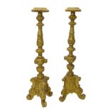 A pair of gilt wood and gesso Continental plant or urn stands, each decorated with carved flowers,