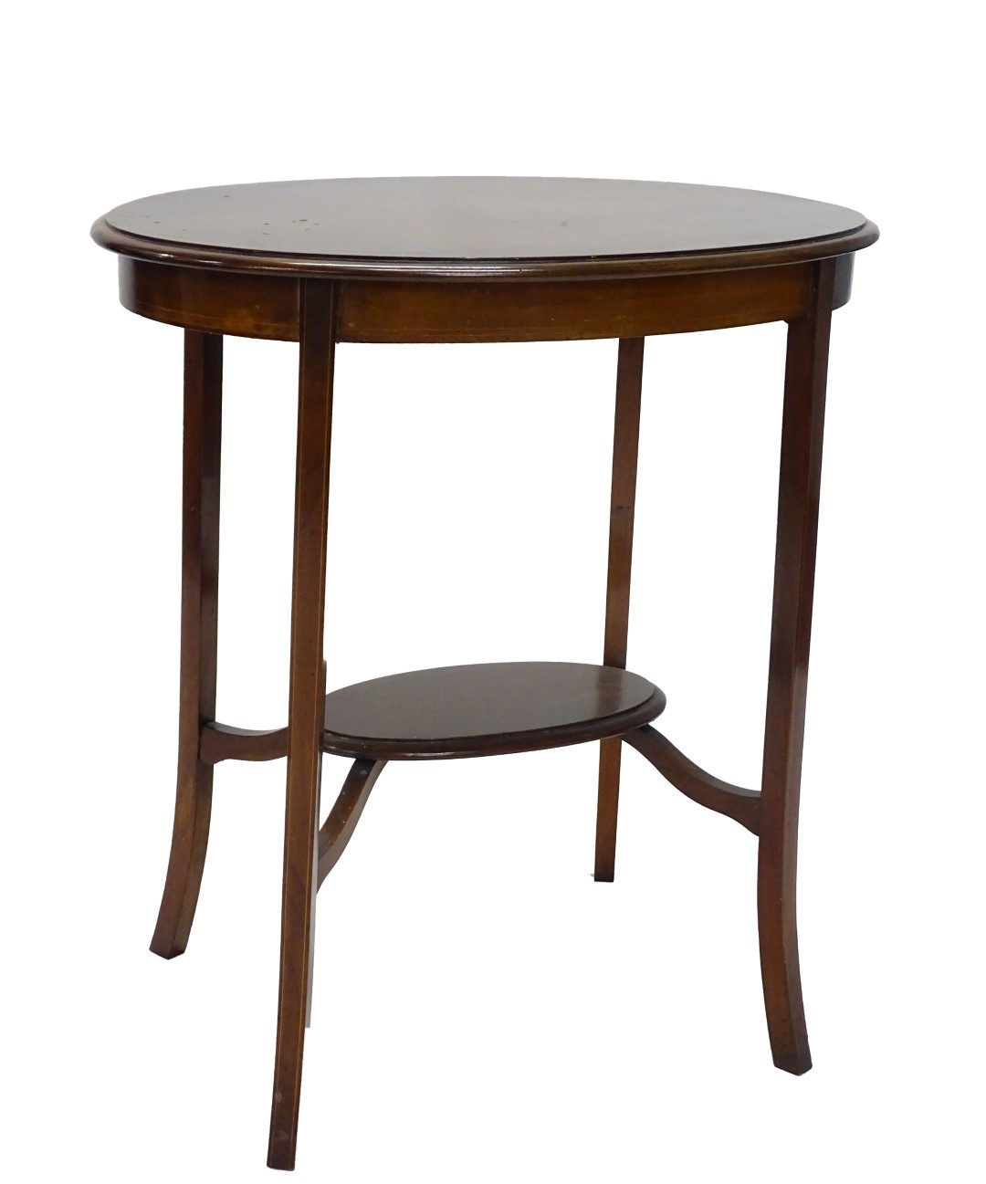 An Edwardian mahogany and chequer banded oval occasional table, the quarter veneered top with