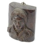 An unusual late 18th/early 19thC walnut carving of Horatio Nelson, wall mounted 13cm x 11cm.