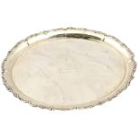 A Danish 20thC white metal oval tray, with an embossed scroll border, presentation engraved, white