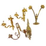 A quantity of wall lights, to include a two branch French gilt metal example.