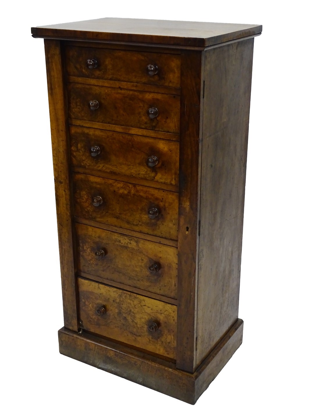 A Victorian walnut Wellington chest, thee six drawers with turned handles on a plinth base, 134cm H,