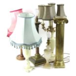 Miscellaneous light fittings, to include a cream painted lamp base with three gilt metal rococo