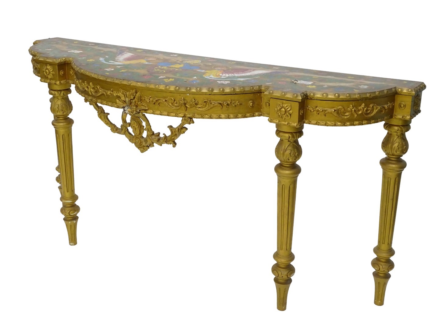 A 19thC gilt gesso console table, with the top later painted with Angels, crests, etc., by Kenneth