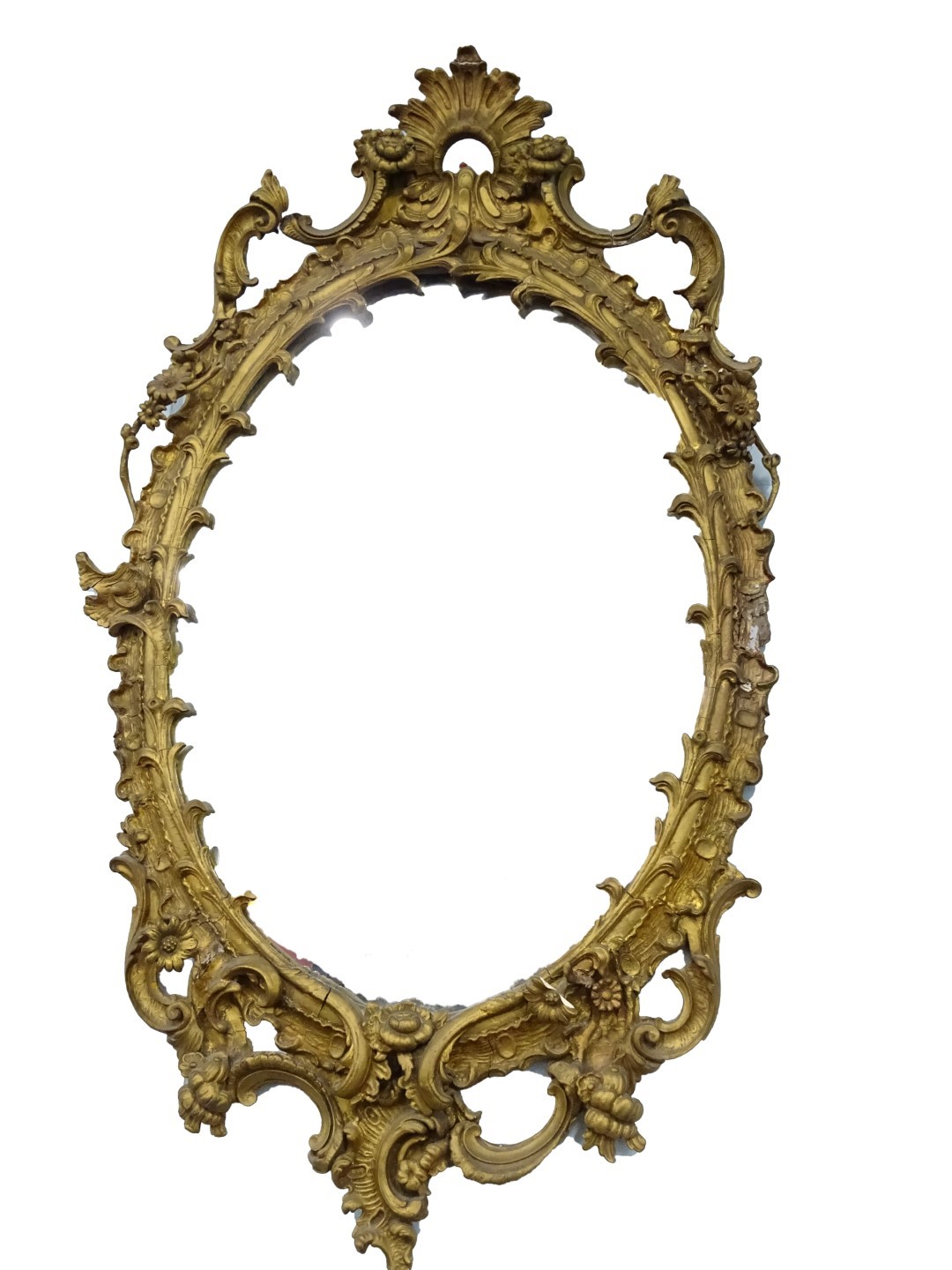 A 19thC gilt gesso oval wall mirror, decorated with flowers and rococo scrolls, etc (AF), 142cm x