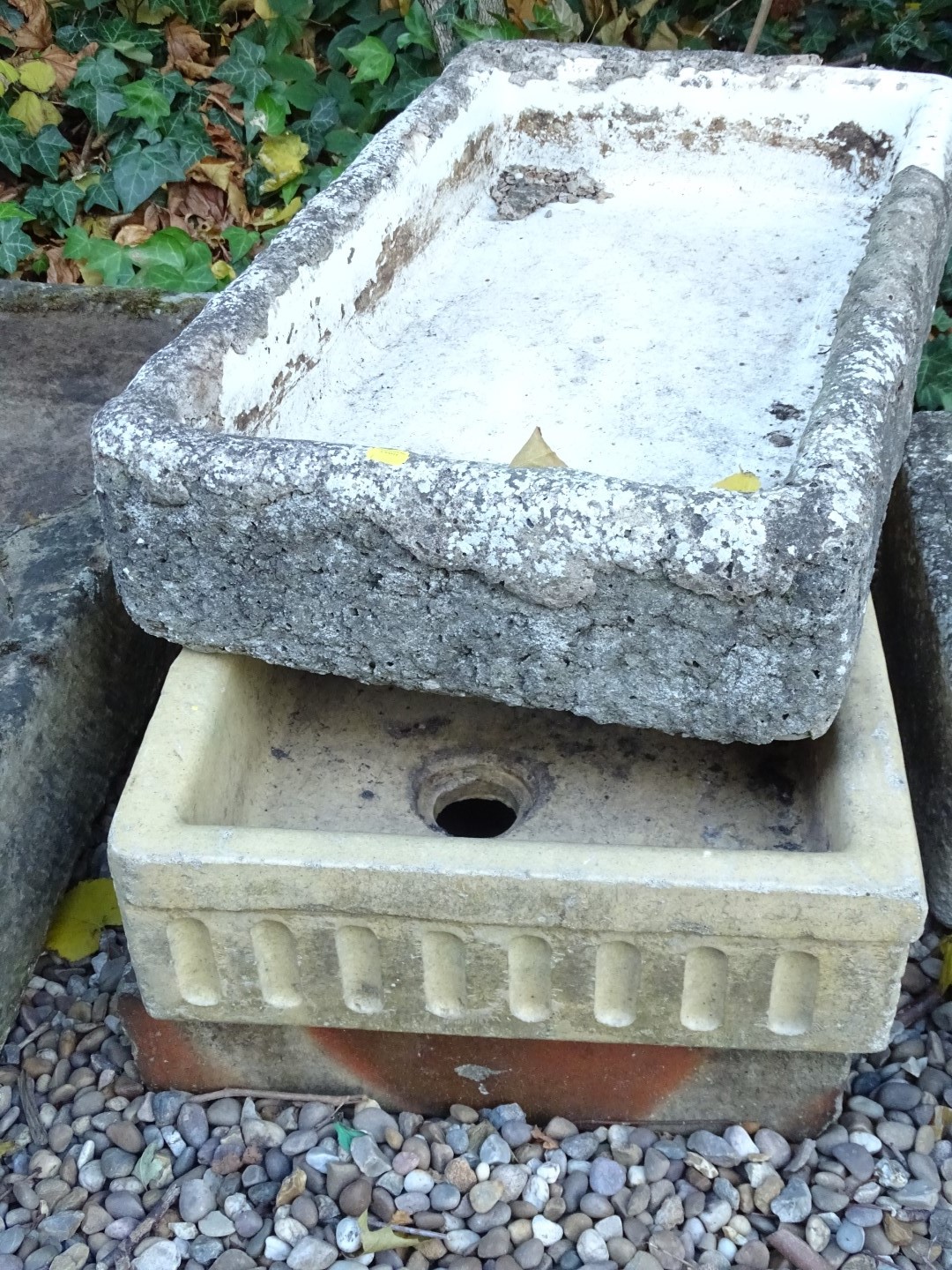 A late 19th/early 20thC stoneware Belfast sink, stamped 30x80lh, 76cm W, another similar paler