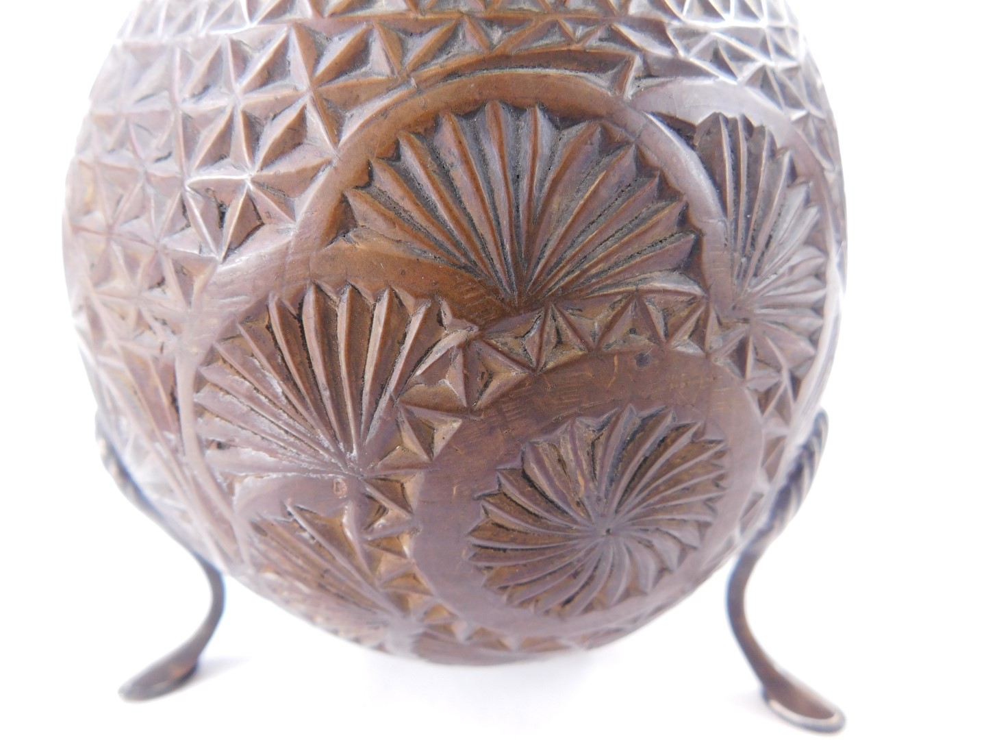 An early 19thC carved coconut, decorated overall with roundel's etc., with silver mounts, marks - Image 4 of 4