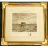 After Meissonier. Windswept figure on horse back, with facsimile signature to border, (AF), 46cm x