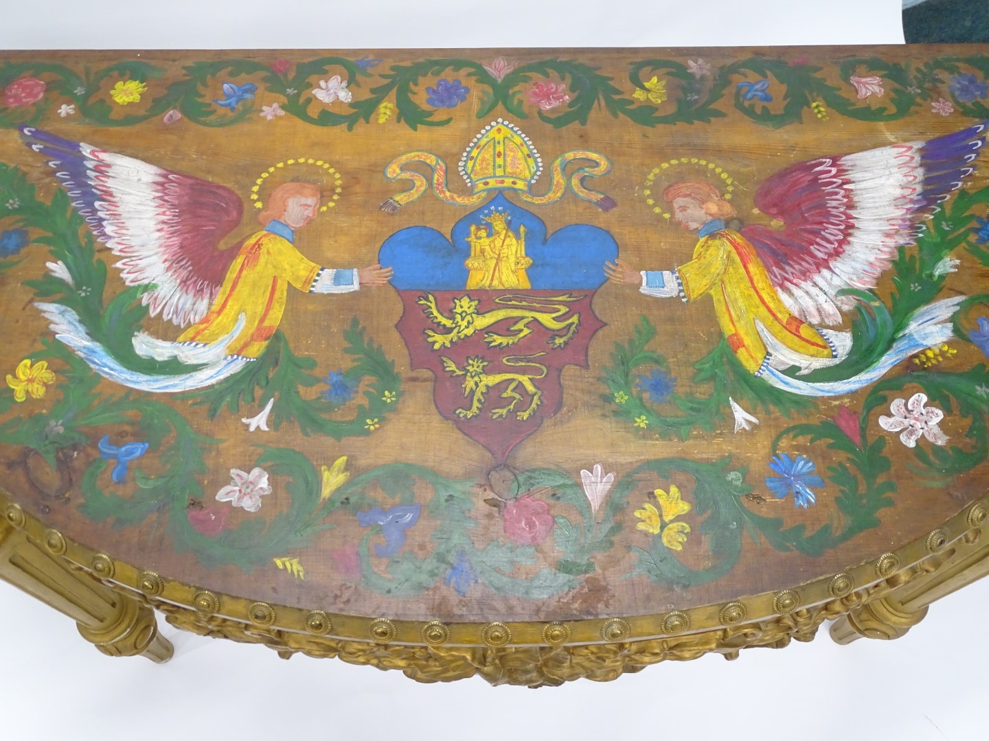 A 19thC gilt gesso console table, with the top later painted with Angels, crests, etc., by Kenneth - Image 3 of 3