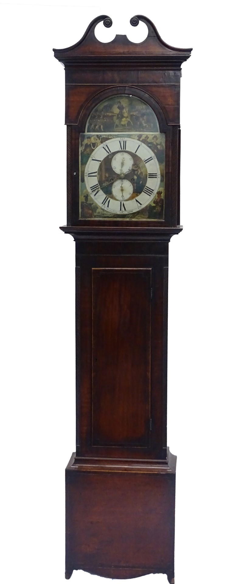 An early 19thC Scottish longcase clock, by Nielson Love, Anderston, the arched dial painted with a