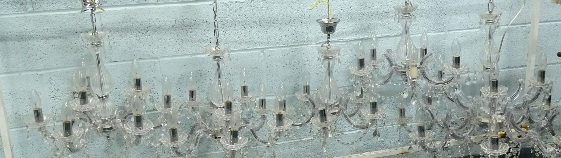 A set of four six branch Venetian style chandeliers, each with cut glass drops, etc., 53cm W and a