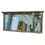 A 19thC gilt gesso over mantel mirror, with a moulded break front cornice, above three rectangular