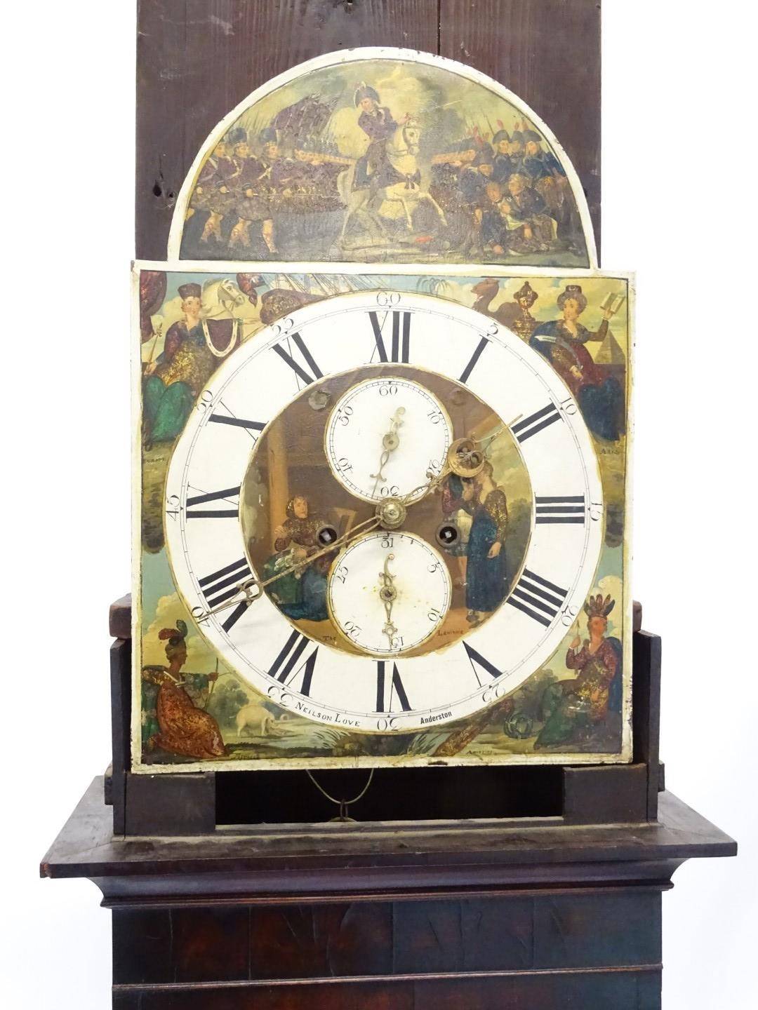 An early 19thC Scottish longcase clock, by Nielson Love, Anderston, the arched dial painted with a - Image 2 of 3