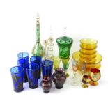 A Bohemian style green flash chalice and cover, Venetian coloured glass etc.