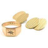 A 9ct gold signet ring, set with tiny stone and a pair of oval cuff-links, 7.4g all in.