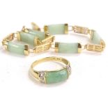 A jade set bracelet and ring, the bracelet with oblong jade stones, with Chinese design gold