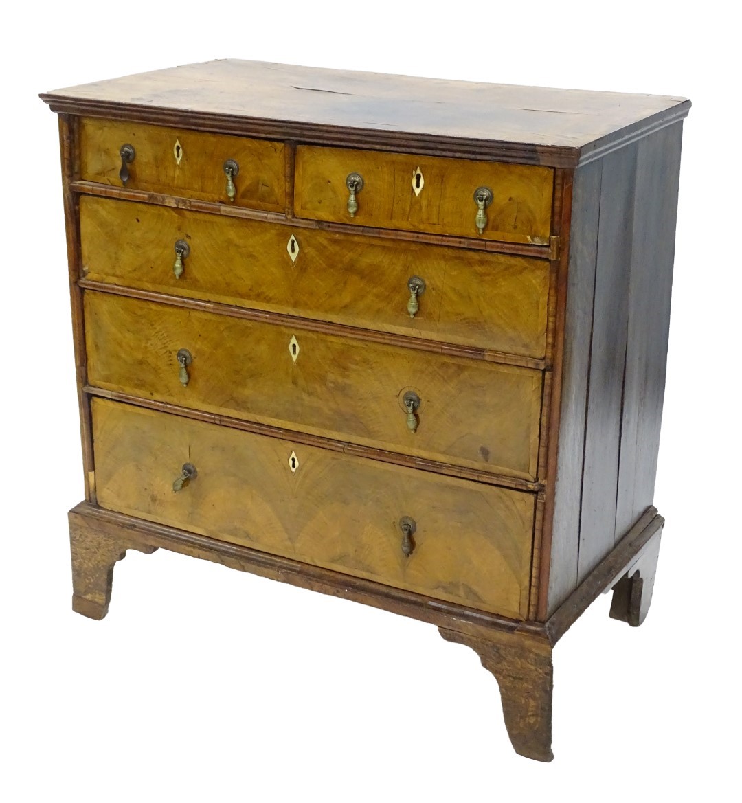 A mid 18thC walnut chest of drawers, the quarter veneered top with a crossbanded border, above two