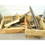 Various wood working and metal working tools, to include saws, large spanners etc.