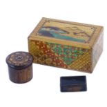 A Victorian Tunbridge needlework cylinder box, Georgian tortoiseshell snuff box, etc.