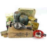 Various tins, cameras, early 20thC tea tin, 20cm H, etc (a quantity).