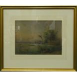 William Bartol Thomas (1877-1947). Wetland scene with duck flying, watercolour, signed, 19cm x 27cm.