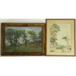 L. Monyarara. Landscape, watercolour, signed, 39cm x 8.5cm, and another pastel. (2)